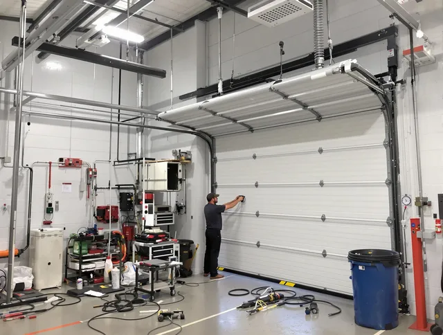 Kingston Garage Door Repair certified technician performing commercial door repair at a Kingston business facility