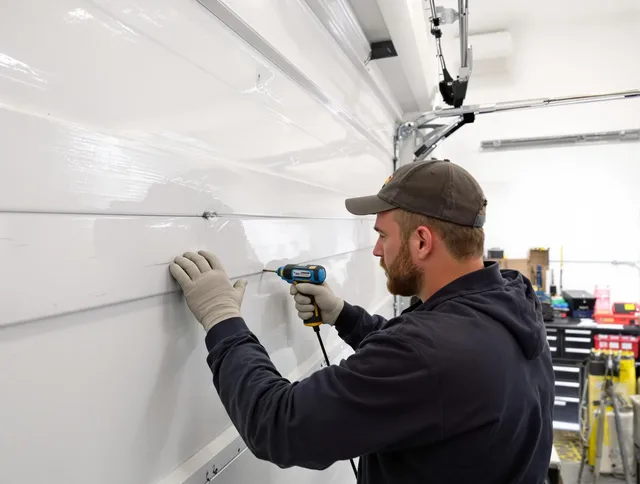 Kingston Garage Door Repair technician demonstrating precision dent removal techniques on a Kingston garage door