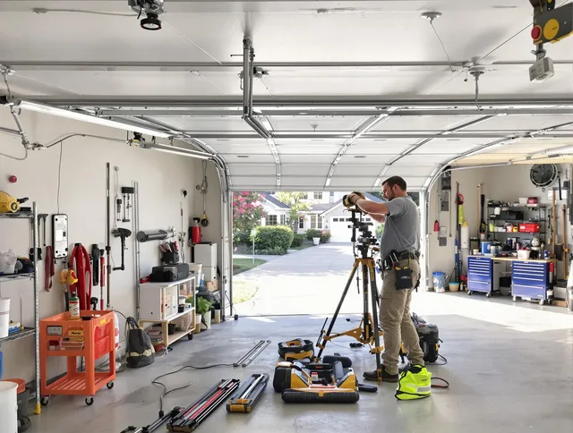 Kingston Garage Door Repair specialist performing laser-guided track alignment in Kingston